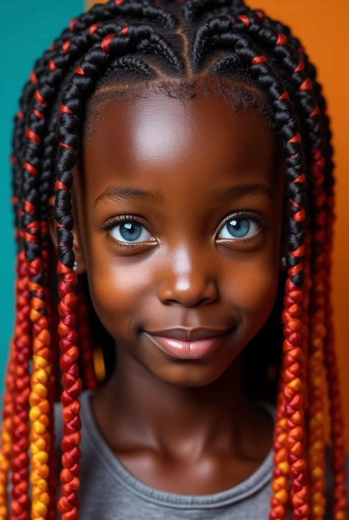 A young black teenage girl with a shiny, chocolate-colored complexion, blue eyes and multi-colored braids laced with red. , orange , yellow in realistic