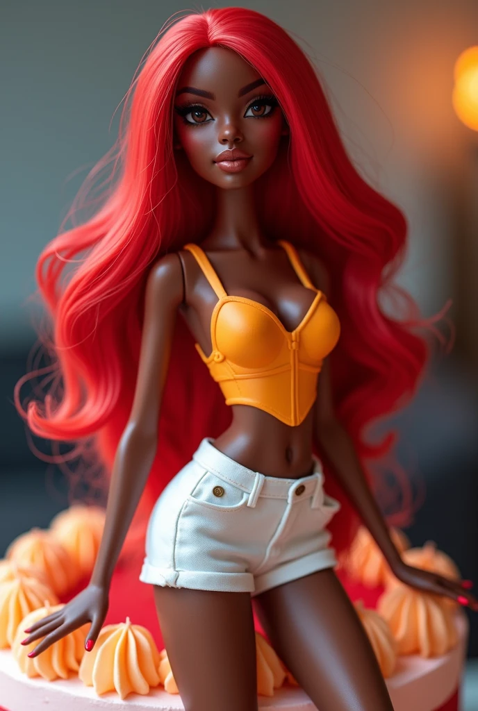 Cake topper, black teen doll,cherry red straight long hair
, shorts branco e body neon colorido,eyes browns,sexly, ass