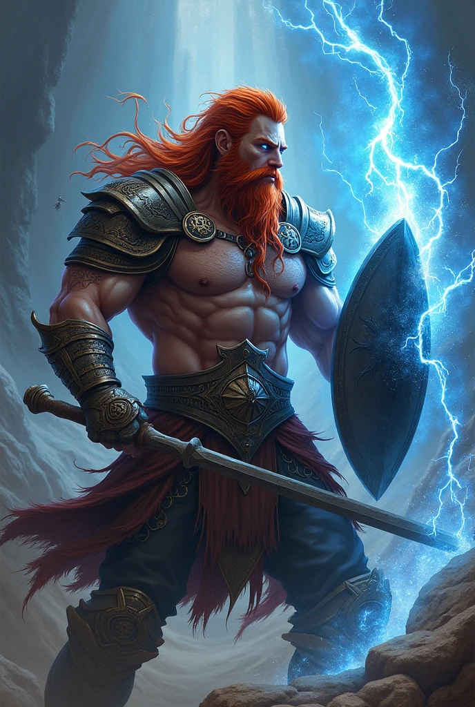 RPG Character Drawing, Arcane warrior man with red hair and beard , blue eyes due to magic , using the shield and creating a magic film receiving an attack from an axe