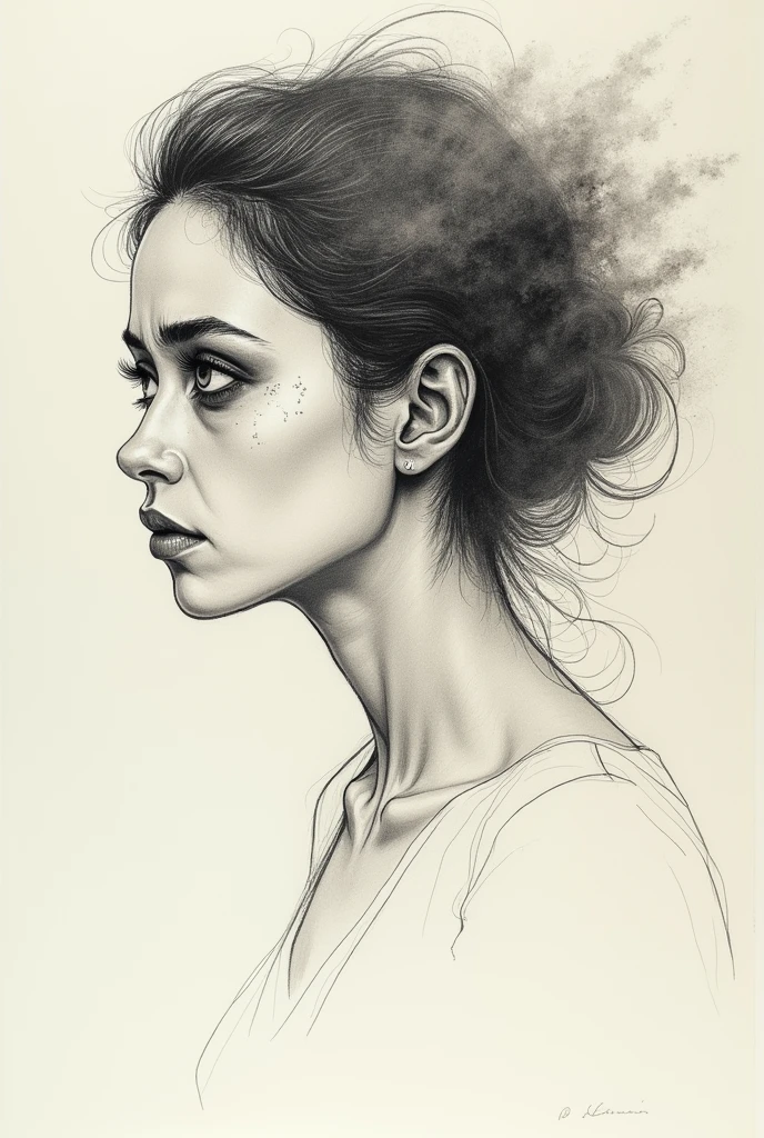 drawing of a woman looking at me with an emotional eyes like she’s saying something through her eyes the pain can be seen in her eyes from side profile of her face
Sketch