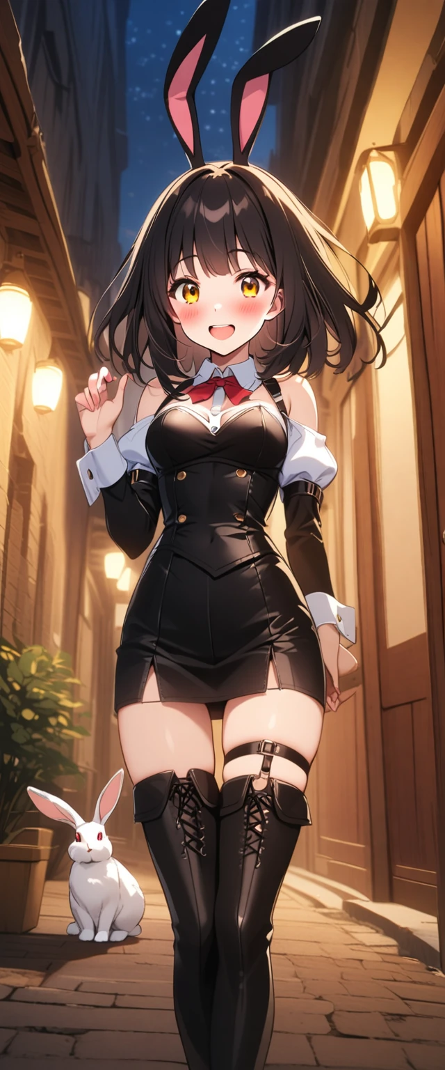 woman,20 years old,, location,nighttime,(((young rabbit))),Wide smile((Leather thigh high boots))(Garter),((black hair)),Blush、A surprised face.,