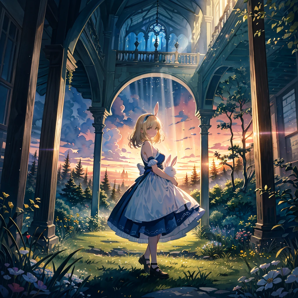 Fantasy world, eyes shine like searchlights in the darkness of the night, blonde hair, girl hugging a rabbit, healing, woman dressed as Alice in Wonderland, bare shoulders, side breasts, light and darkness, artistic Memorable masterpiece, historical moment, (fantastic and enchanting landscape) watercolor: 1.3, delicate, detailed, masterpiece, intricate line drawing