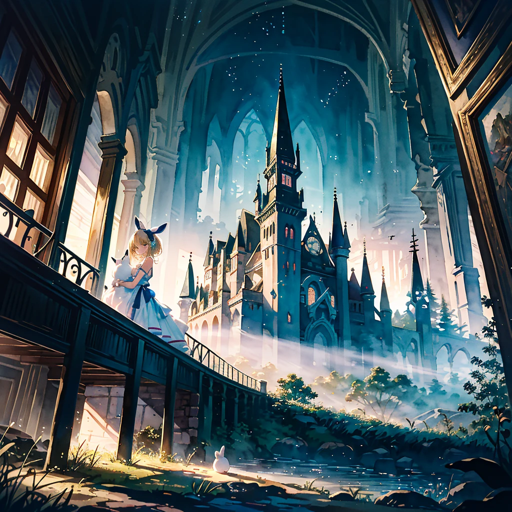 Fantasy world, eyes shine like searchlights in the darkness of the night, blonde hair, girl hugging a rabbit, healing, woman dressed as Alice in Wonderland, bare shoulders, side breasts, light and darkness, artistic Memorable masterpiece, historical moment, (fantastic and enchanting landscape) watercolor: 1.3, delicate, detailed, masterpiece, intricate line drawing