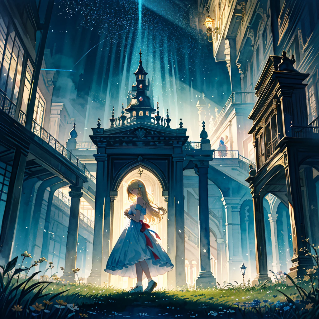 Fantasy world, eyes shine like searchlights in the darkness of the night, blonde hair, girl hugging a rabbit, healing, woman dressed as Alice in Wonderland, bare shoulders, side breasts, light and darkness, artistic Memorable masterpiece, historical moment, (fantastic and enchanting landscape) watercolor: 1.3, delicate, detailed, masterpiece, intricate line drawing
