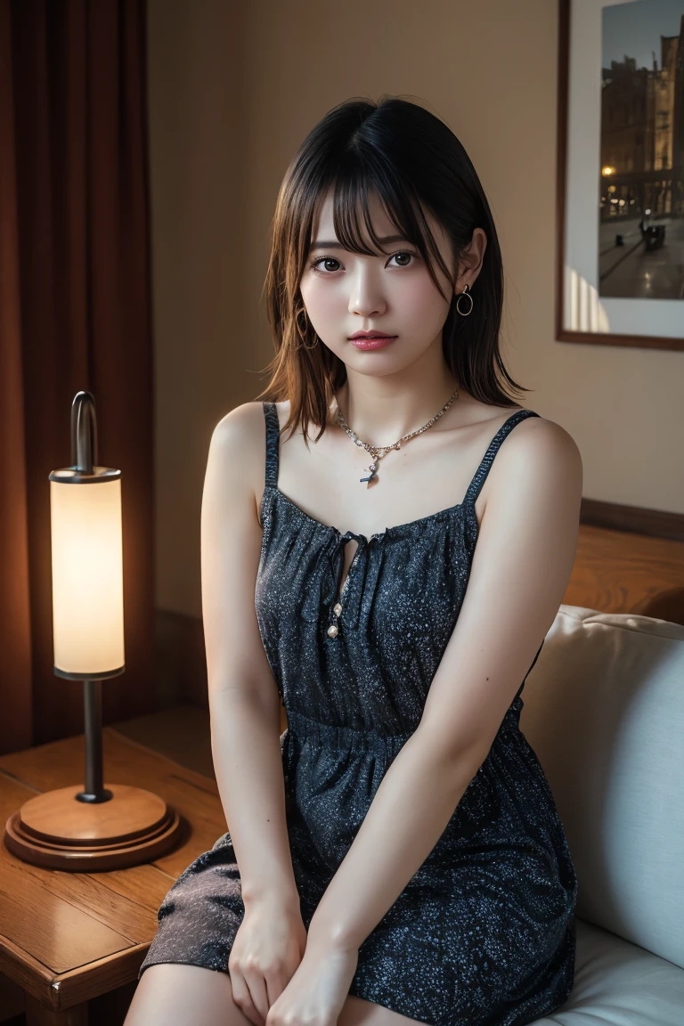 (Highest quality:1.4),(masterpiece:1.4),(Realistic:1.4),(Realistic:1.2),(超High resolution, RAW Photos:1.4),(High resolution, Ultra-detailed:1.2),(8k:1.2),View your viewers,Cinematic photography,One person,skeletally correct,Black-haired woman,Woman in her early 20s,(Small earrings,necklace,Daisy print mini dress),(Western-style building interior,Dimly lit room,The lamplight shines on my cheeks,Sit on the sofa)