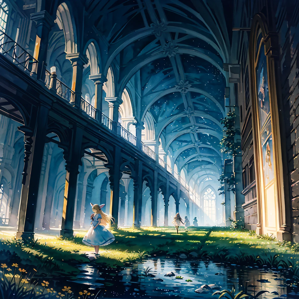 Fantasy world, eyes shine like searchlights in the darkness of the night, blonde hair, girl hugging a rabbit, healing, woman dressed as Alice in Wonderland, bare shoulders, side breasts, light and darkness, artistic Memorable masterpiece, historical moment, (fantastic and enchanting landscape) watercolor: 1.3, delicate, detailed, masterpiece, intricate line drawing
