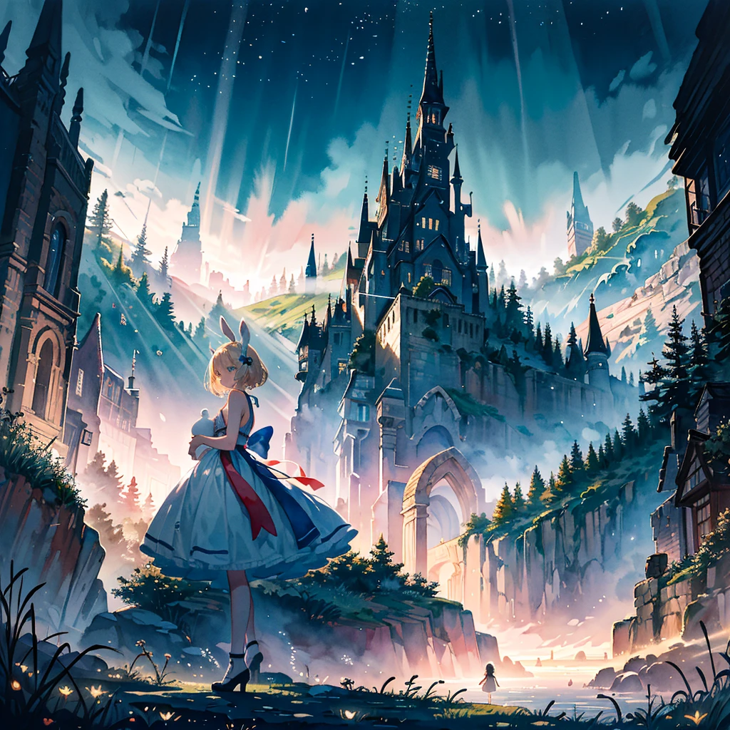 Fantasy world, eyes shine like searchlights in the darkness of the night, blonde hair, girl hugging a rabbit, healing, woman dressed as Alice in Wonderland, bare shoulders, side breasts, light and darkness, artistic Memorable masterpiece, historical moment, (fantastic and enchanting landscape) watercolor: 1.3, delicate, detailed, masterpiece, intricate line drawing
