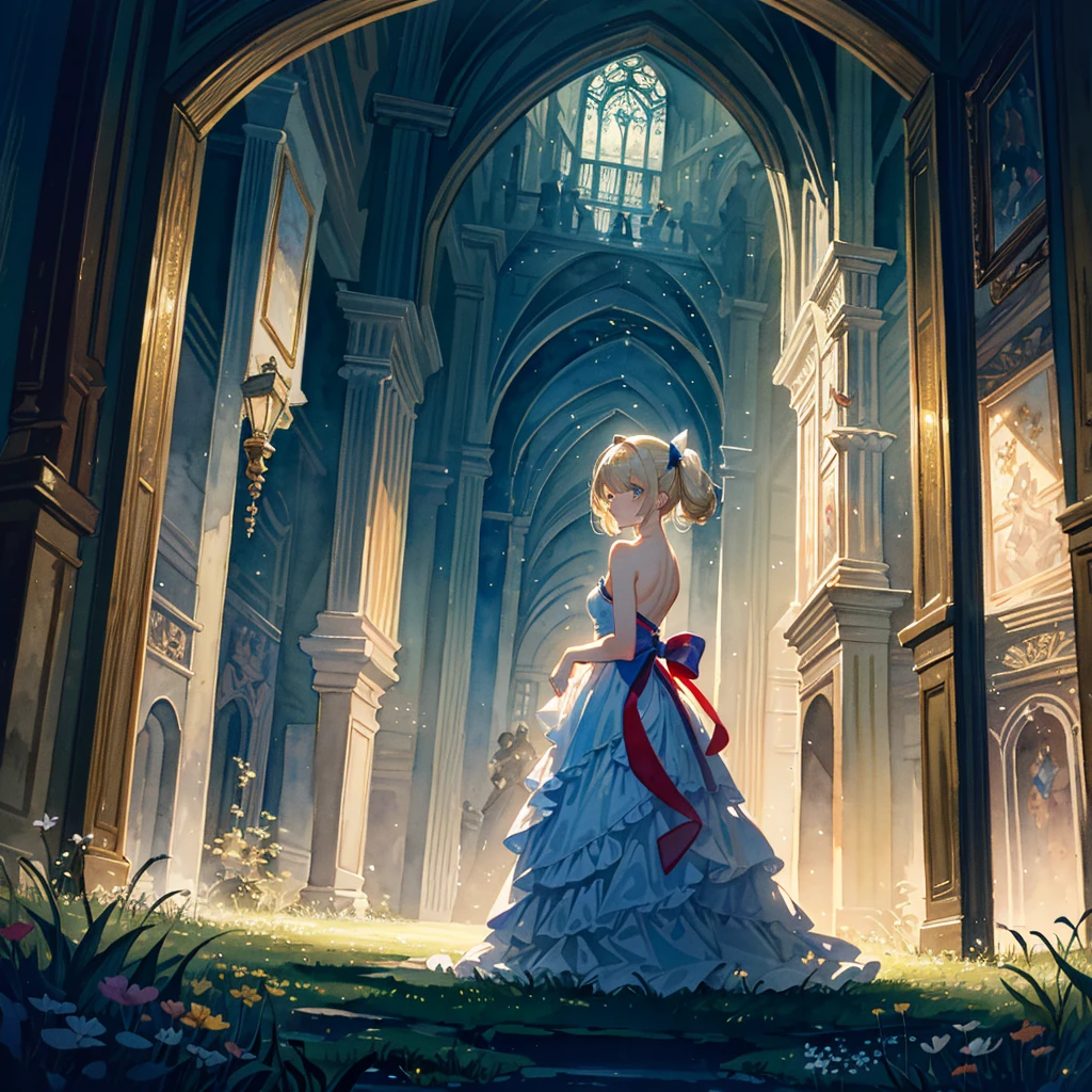 Fantasy world, eyes shine like searchlights in the darkness of the night, blonde hair, girl hugging a rabbit, healing, woman dressed as Alice in Wonderland, bare shoulders, side breasts, light and darkness, artistic Memorable masterpiece, historical moment, (fantastic and enchanting landscape) watercolor: 1.3, delicate, detailed, masterpiece, intricate line drawing
