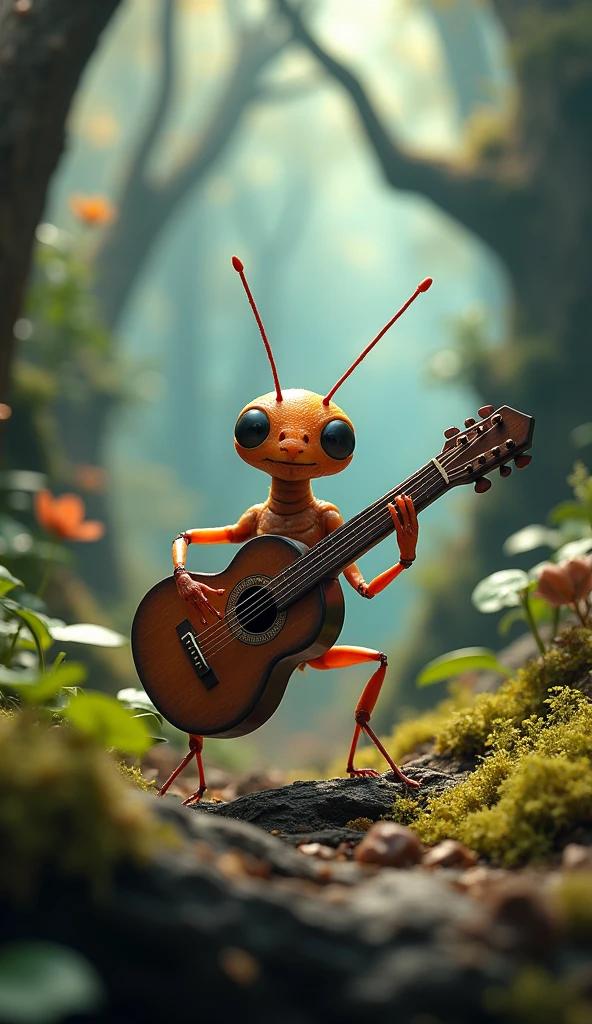 a tiny ant playing a guitar in a magical forest, hyper realistic, cinematic lighting, rich details, vibrant colors, 4k, photorealistic, masterpiece, extreme detailed description, highly detailed, studio lighting, physically-based rendering, vivid colors, sharp focus, epic fantasy, enchanted forest, whimsical, fantastical, mystical, ethereal, surreal, dreamlike