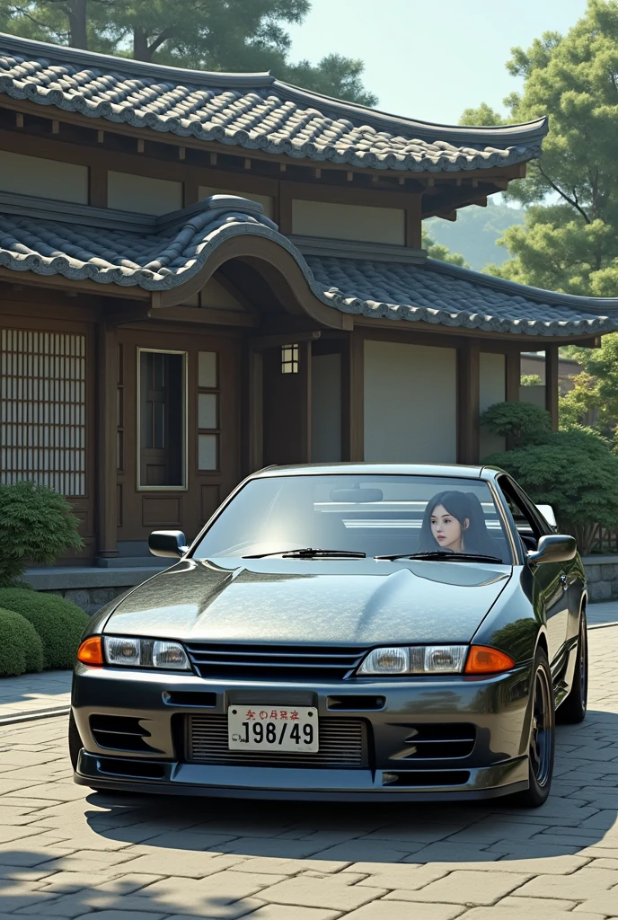 (photorealism:1.2), a japanese girl driving a nissan skyline r 32, with japanese house background.