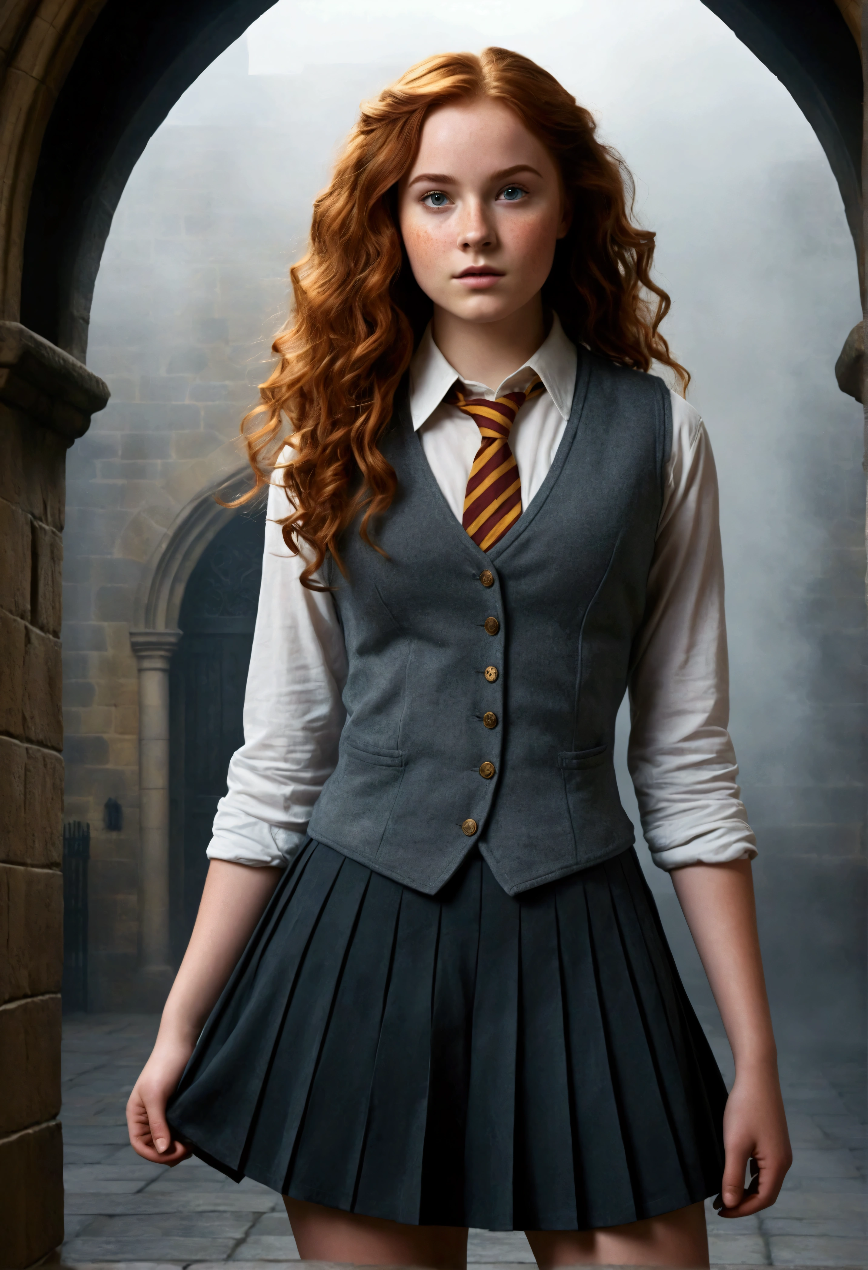 An illustrated movie poster, hand-drawn, full color, a teenage Hogwarts student, 18-years-old, female, wearing a charcoal vest and a pleated skirt, athletic hourglass figure, full wide hips, massive round butt, long shapely legs, ridiculously thick powerful thighs, vibrant eyes, deep dark auburn hair, voluminous curly mane, flushed sun-kissed complexion, freckles, resembles Genevieve O'Reilly, standing in a foggy Hogwarts courtyard, surrounded by mist, graphite shading, stencil marks, airbrushed acrylic paint, masterpiece, close-up shot, in the style of the Deathly Hallows 