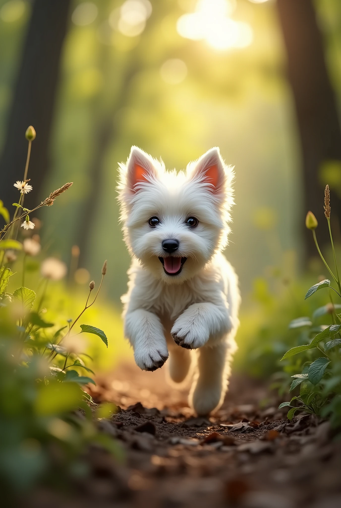 (Highest quality: 1.2), (masterpiece: 1.2), (Realist: 1.2),  Close to the photo, Very cute West Highland White Terrier puppy jumping in the woods, Soft Volume Light, (Looking at the audience: 1.3), (Backlight:1.3), (Movie:1.2), Intricate details, masterpiece