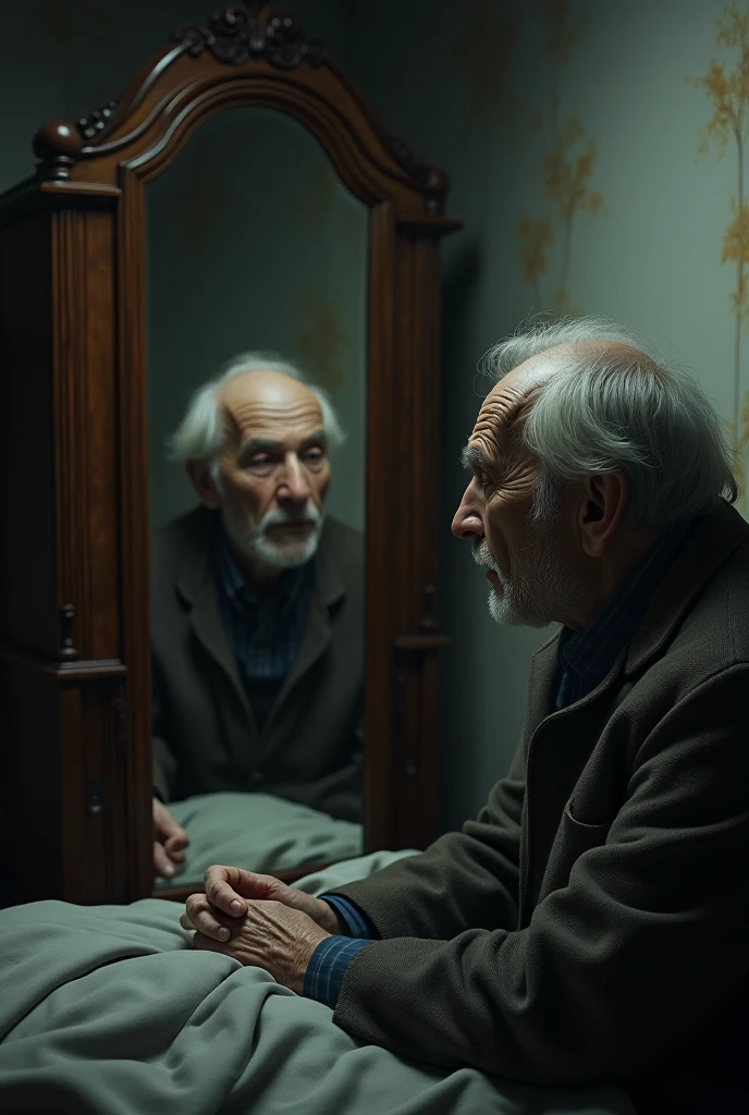 An image of an elderly man talking to a wardrobe mirror from his bed