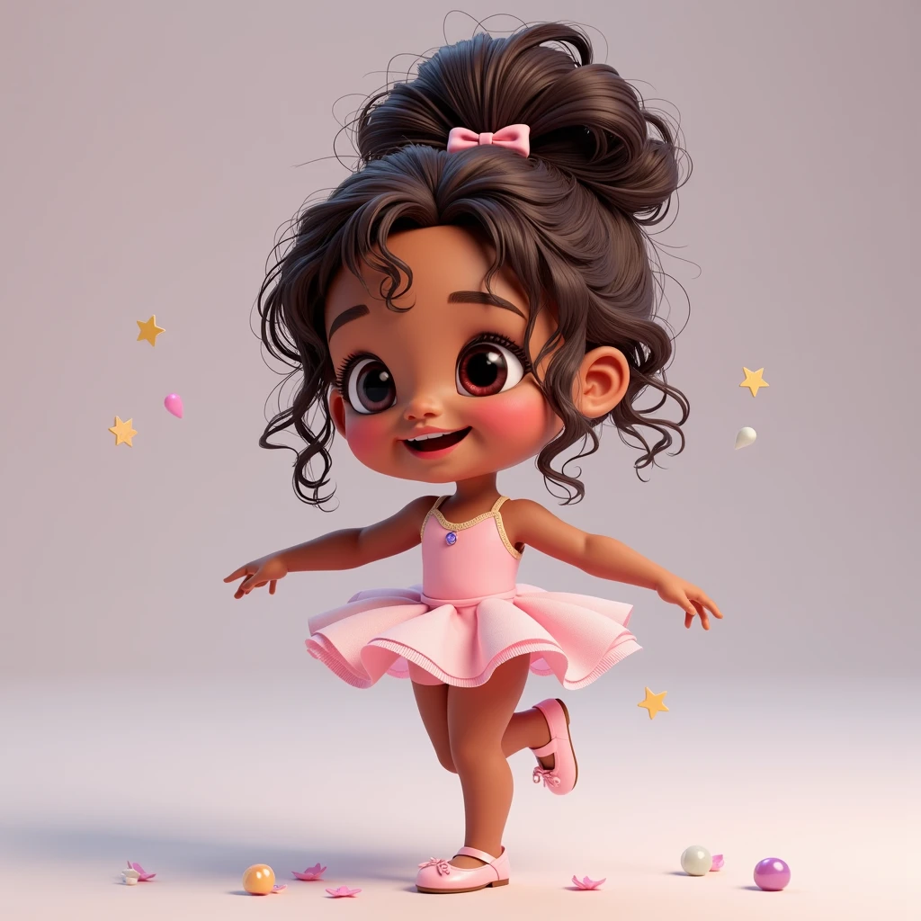 a 4 year old,with dark skin and dark brown curly hair, wearing a light pink ballerina outfit with a ballerina bun and some loose curls, with light pink shoes, Full-body image, white background, cute 3D animation