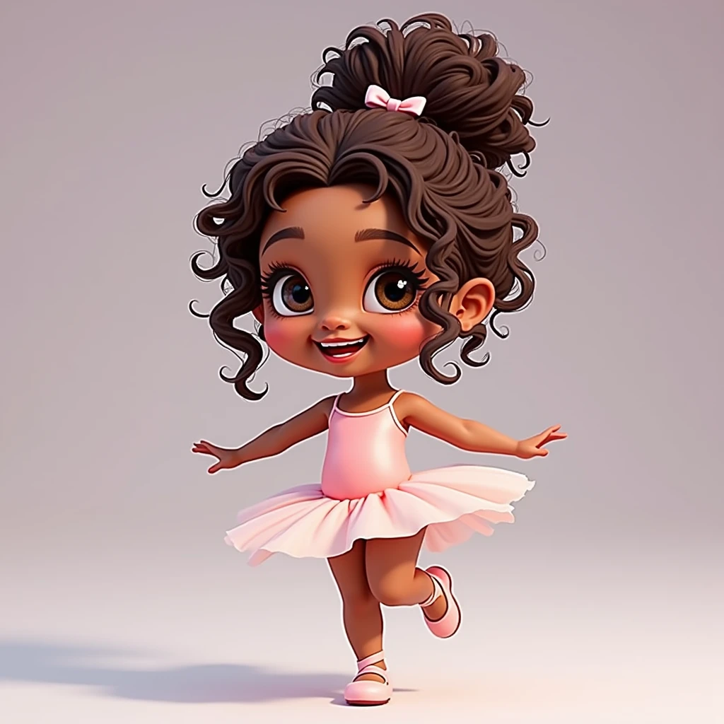 a 4 year old,with dark skin and dark brown curly hair, wearing a light pink ballerina outfit with a ballerina bun and some loose curls, with light pink shoes, Full-body image, white background, cute 3D animation 