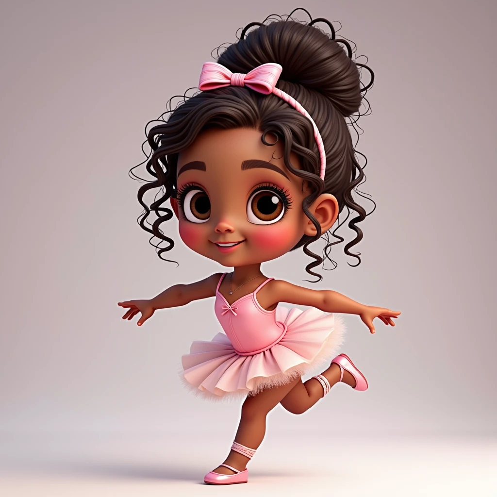 a 4 year old,with dark skin and dark brown curly hair, wearing a light pink ballerina outfit with a ballerina bun and some loose curls, with light pink shoes, Full-body image, white background, cute 3D animation 