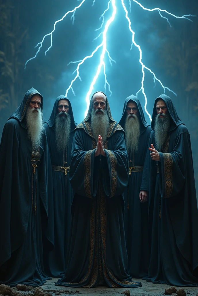 A realistic image of five wizards standing side by side in a predominantly dark setting with the secondary color black.. Wizards must look very realistic, as if they were real people, each dressed in detailed traditional wizard robes. The background must be dark, with lightning striking in the background, where the main color of the rays and details is #f2366f, creating a mystical and intense environment. Mages should appear to be in deep discussion or preparing for a powerful ritual.."