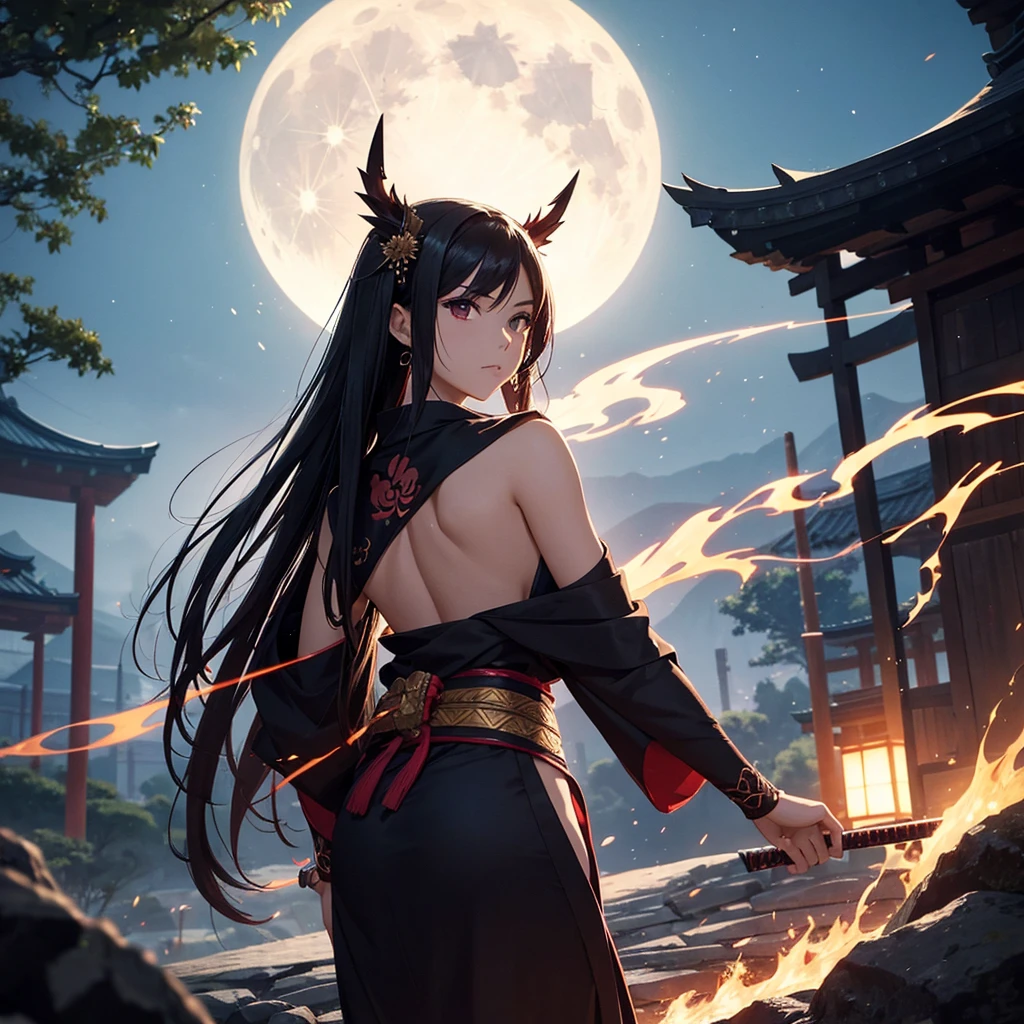 A slender, curvy Brazilian girl, medium-brown complexion on her skin, not so big breasts, long black hair that cascades down her back, and a fringe that falls halfway across her forehead. Her deep brown eyes reflect strength and resilience. She wears a deep purple kimono with subtle patterns, fitted snugly to highlight her graceful figure. In her hair, a vibrant fiery accessory glows, symbolizing her inner power. She wields a katana with a purple blade, resonating with the style and spirit of Demon Slayer, enhanced by her Brazilian heritage. The blade pulsates with the energy of her fire-breathing technique. Environment: The setting is a traditional Japanese temple located high in the mountains, with the stillness of the night surrounding it. The full moon shines brightly in the clear sky, casting a serene glow over the temple's ancient wooden structures. The atmosphere is both tranquil and intense, with the quiet rustle of leaves and the distant chirping of nocturnal creatures blending with the anticipation of an impending clash. The setting reflects a fusion of Japanese tradition and the vibrant energy of Brazil. Pose:The Brazilian girl stands tall and ready, her katana raised slightly as flames dance along its edge. The fire’s light reflects off her determined expression, her stance balanced and powerful, embodying her unique blend of Brazilian spirit and samurai discipline. She is on the verge of unleashing a devastating attack with her fire-breathing technique. Lighting:The moonlight provides a soft, cool backdrop, while the flames from her hair accessory and katana create a dynamic contrast, casting warm, flickering light across her figure. The scene is marked by deep shadows and dramatic lighting, emphasizing the intensity of the night and the power radiating from the girl. Style: Anime-inspired, with particular attention to the blend of Brazilian and Japanese elements in her appearance and setting. Demon slayer style 4k, manga style 4k, anime style 4k
