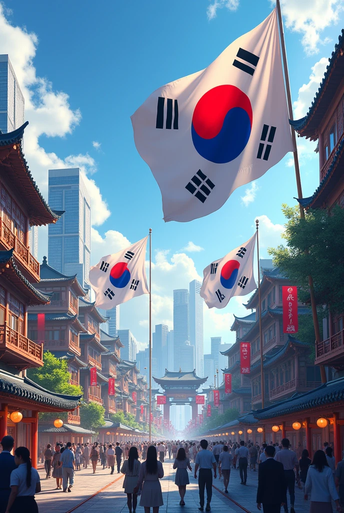 Korean city with korean flags 