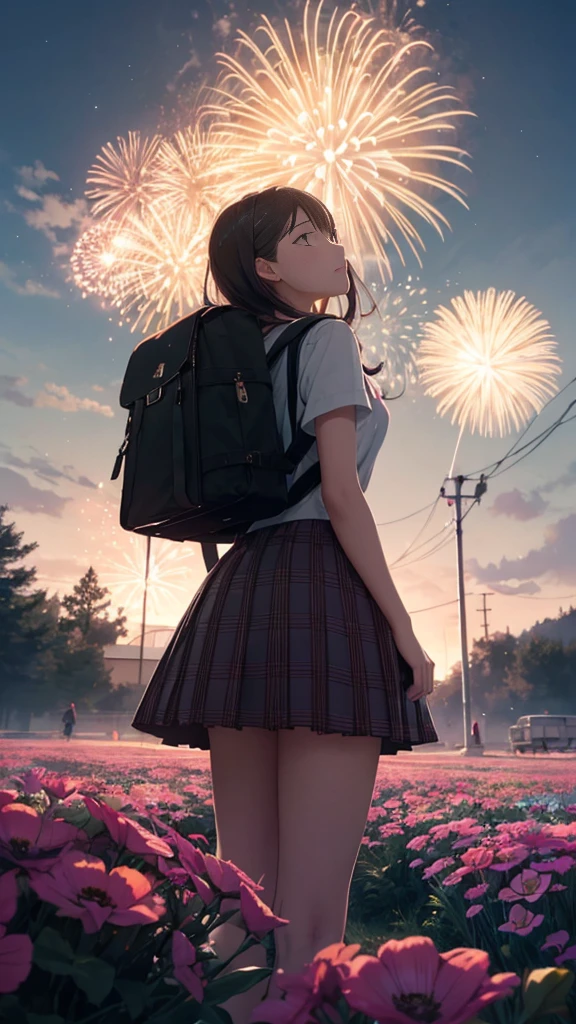 Vast landscape photography,(View from below。I can see the sky and the wilderness below.),Cute high school girl standing in a flower field and looking up,School Bags、Exquisite character details,Amazing fireworks,Purple and Orange,Intricate details,Volumetric Lighting Break(masterpiece:1.2), (Highest quality),4K,Very delicate,(moving composition:1.4),Extremely detailed and colorful(Iridescent colors:1.2),
