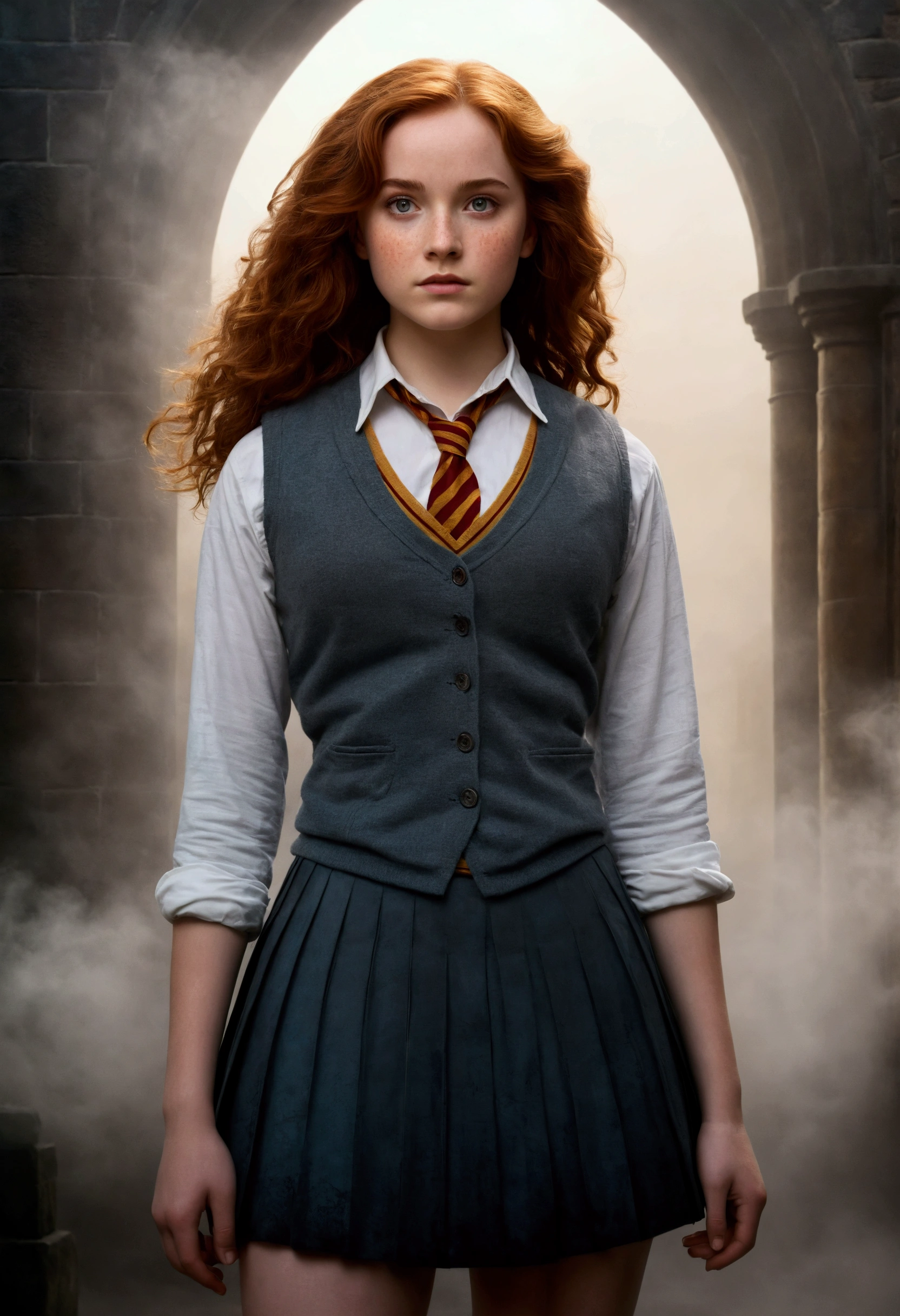 An illustrated movie poster, hand-drawn, full color, a teenage Hogwarts student, 18-years-old, female, wearing a charcoal vest and a pleated skirt, athletic hourglass figure, full wide hips, massive round butt, long shapely legs, ridiculously thick powerful thighs, vibrant eyes, deep dark auburn hair, voluminous curly mane, flushed sun-kissed complexion, freckles, resembles Genevieve O'Reilly, standing in a foggy Hogwarts courtyard, surrounded by mist, graphite shading, stencil marks, airbrushed acrylic paint, masterpiece, close-up shot, in the style of the Deathly Hallows