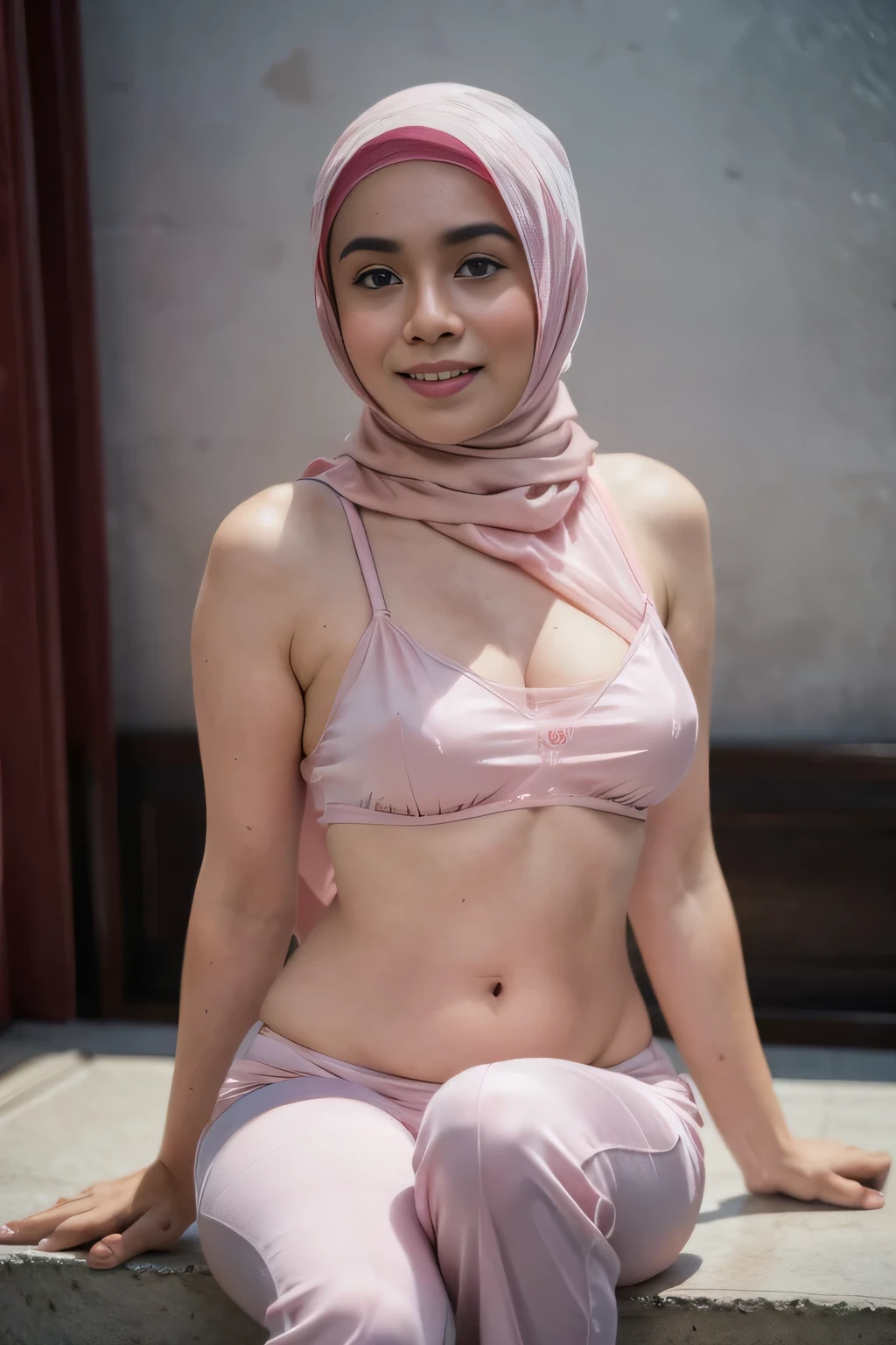Malay girl wearing hijab, undersize pink satin bra (see-through pattern), short yoga pant, portrait photography, ultra detail, professional photograph with professional lighting, smile, at the garden, at bathroom, sexy seducing pose, curvy body, butt closed up angle