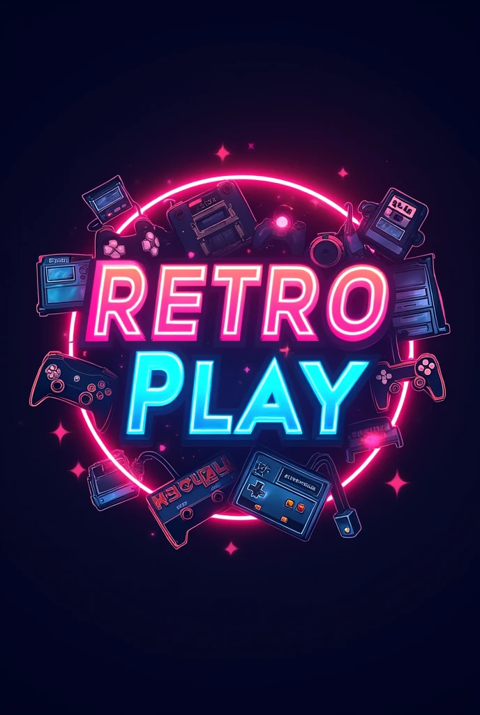 uma logo com o nome Retroplay, bright, vibrant colors that capture attention, control and console in the image in a gamer style from the 2000s, a brand