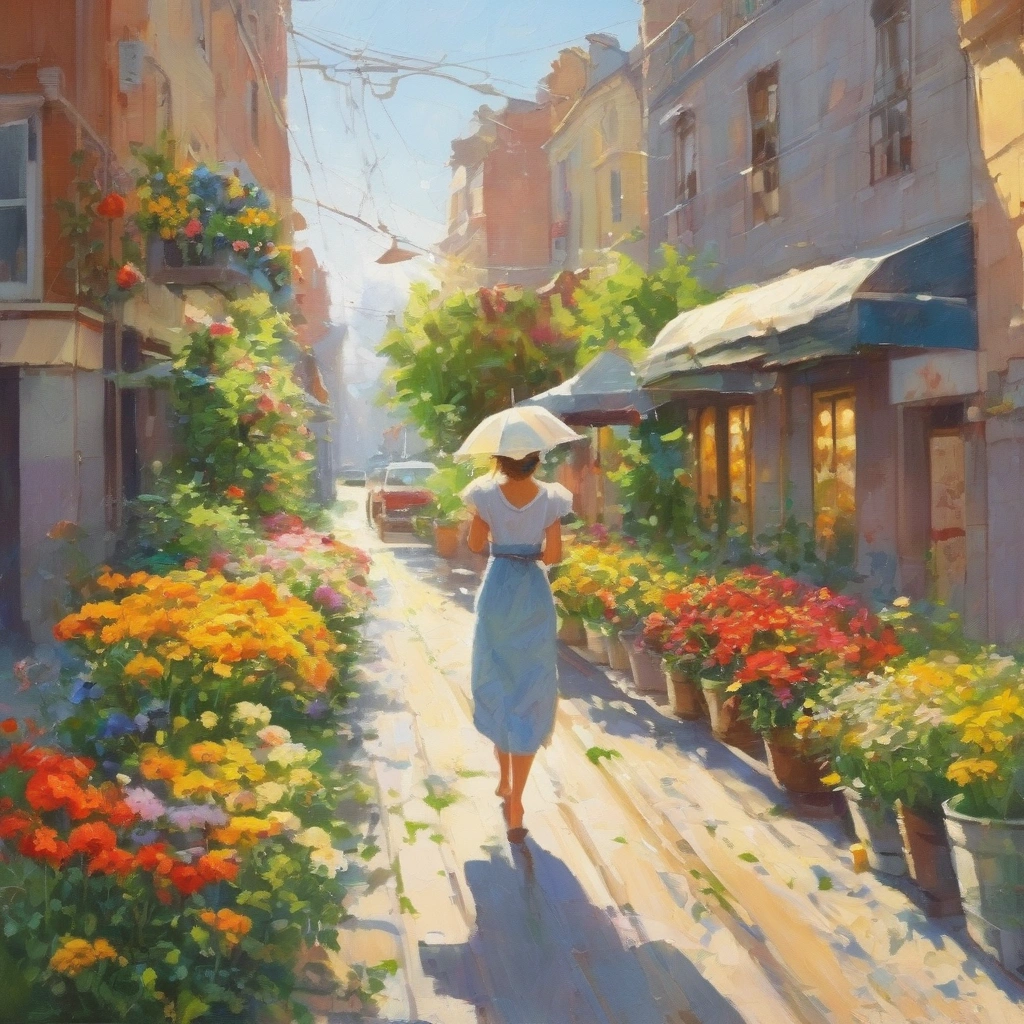 a woman walks along a bright sunny street, flowers grow in her footsteps, a light summer rain