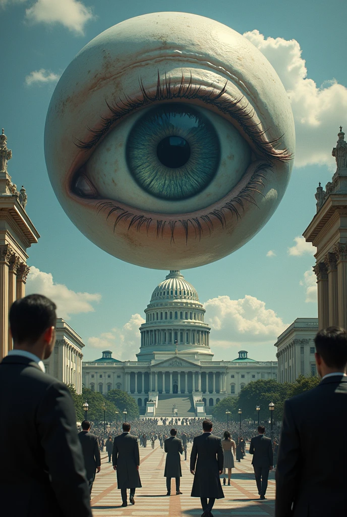 imagery of an eye or a magnifying glass over government buildings or powerful figures. 