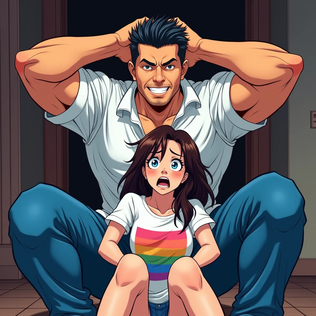 anime art, marvel art, a LATIN 46-years old male wearing white button up shirt and tight blue pants, he’s squatting down with both hands behind his head, showing off sweaty armpits, big bulge, sweaty, slight smile. He’s squatting down behind a sad female wearing lgbt shirt, she’s scared and sad. He’s behind her, squatting behind her. He’s slightly happy behind her