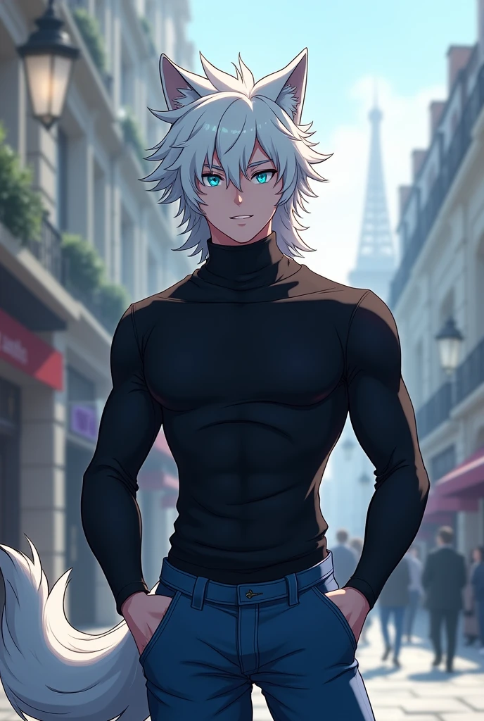 A light-skinned man, Light Blue Eyes, hair as white as snow, with wolf ears and tail, wearing a black long sleeve turtleneck shirt, a pair of blue jeans, in paris, a slightly muscular body, anime styling