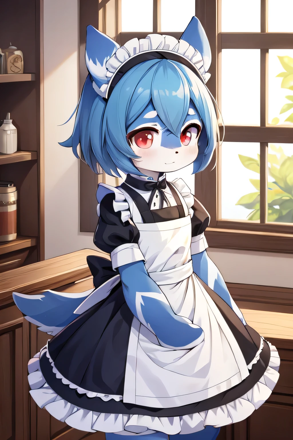 (masterpiece, best quality), 1 Girl, clothing ,line-up,Cute face,detailed,blue，Red Eyes，whole body，panoramic，Maid costume，Unique