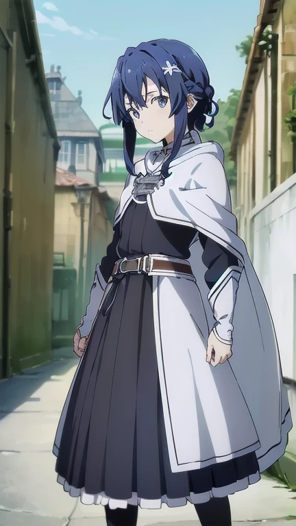 one woman、Rin々new appearance、A dignified expression、cold look、medieval monk、pure white battle uniform、bionde、french braid、have a sword、white cloak、Sword Art Online、(masterpiece, highest quality, highest quality, official art, beautiful and aesthetic:1.2)