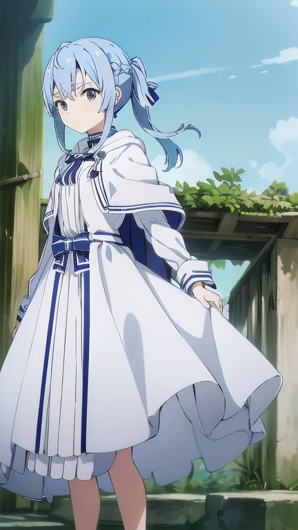 one woman、Rin々new appearance、A dignified expression、cold look、medieval monk、pure white battle uniform、bionde、french braid、have a sword、white cloak、Sword Art Online、(masterpiece, highest quality, highest quality, official art, beautiful and aesthetic:1.2)