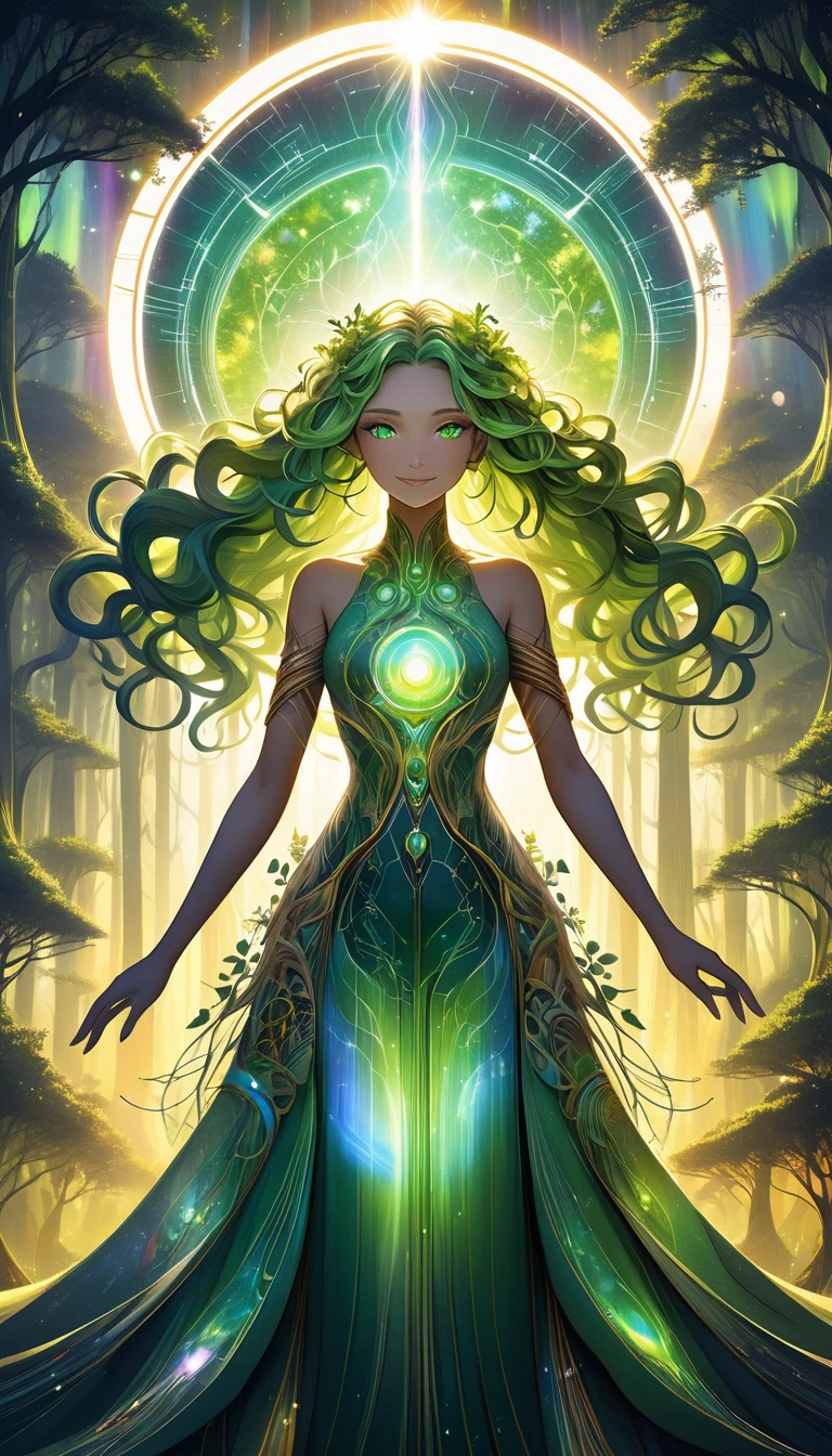 A vibrant and harmonious illustration of Solarpunk Gaia, depicting a futuristic yet organic world where nature and technology coexist in perfect balance. The image features a serene and powerful Gaia, a goddess of the Earth, standing amidst a lush forest with towering trees, their trunks adorned with glowing, ethereal circuits and wires. Gaia's skin has a warm, golden undertone, and her hair is a wild tangle of curly, verdant locks, with leaves and vines woven throughout. Her facial features are strong and gentle, with high cheekbones, a subtle smile, and piercing emerald green eyes that shine like the brightest stars. She wears a flowing, ornate gown made of iridescent fabrics that shift and shimmer like the aurora borealis, with intricate patterns resembling the networks of a motherboard. The background is a warm, sunny yellow, with hints of orange and pink, evoking a sense of optimism and hope. The overall style is a blend of fantastical, dreamlike quality and meticulous, industrial precision, with bold lines, subtle textures, and a sense of depth and dimensionality.