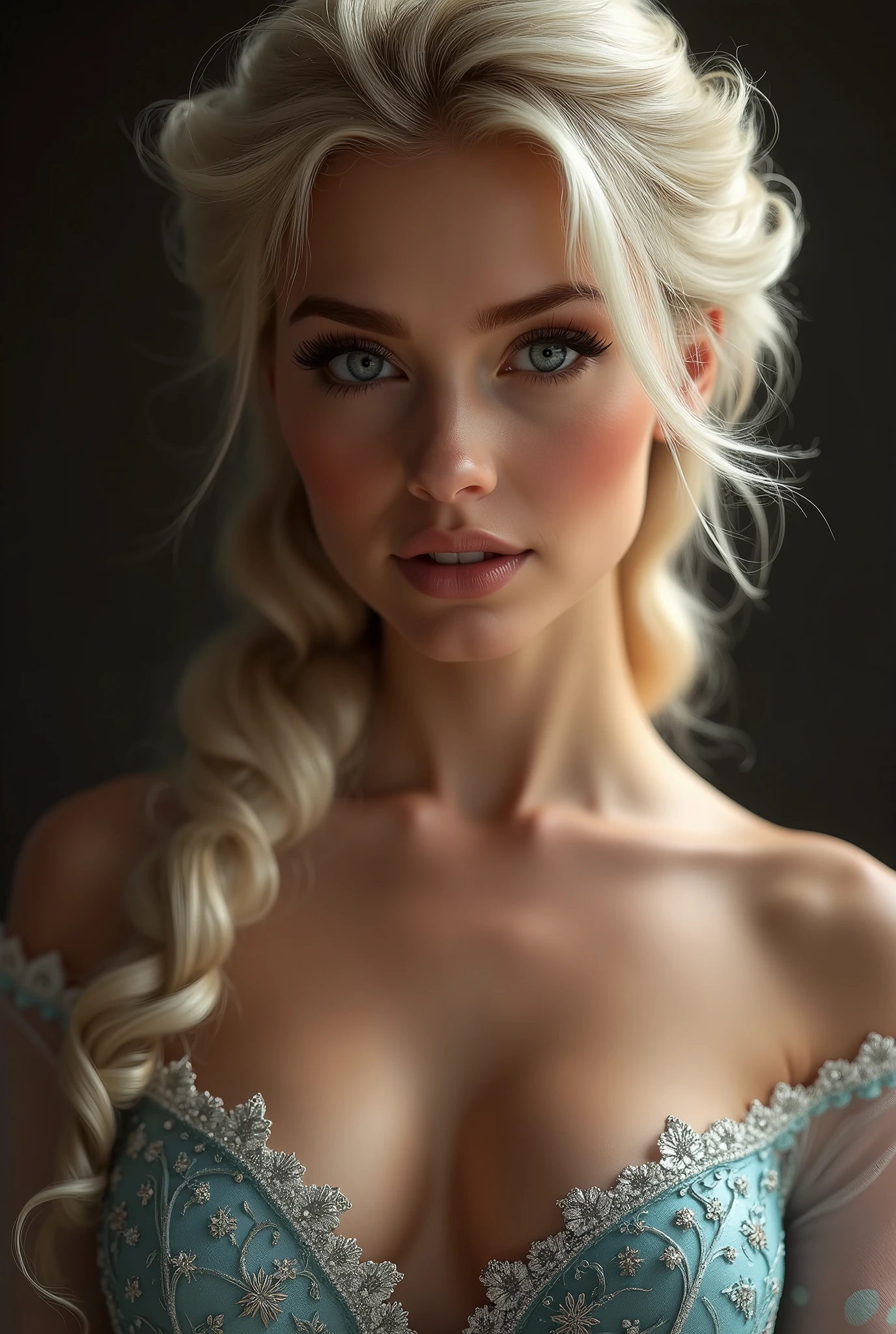 A stunning portrait of Elsa, young and beautiful, hyper realistic, real portrait, backlit, exquisite features, cleavage, sexy, seductive