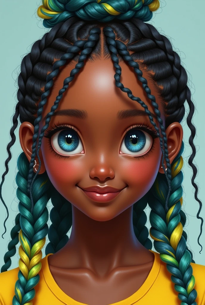 Une jeune fille adolescente noire au teint chocolat ciré et brillant aux yeux blues et avec des tresses multicolores compses de vert citron , blue , yellow in realistic