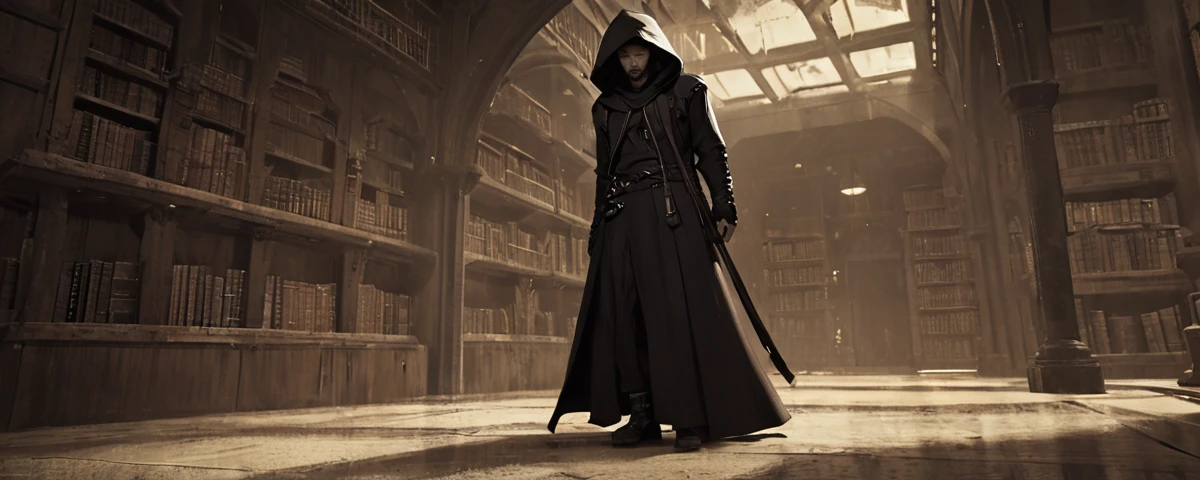 medieval library, cyberpunk scenario, diffused lights, post apocalyptic, Sober colors, pulling in sepia tone, eyeshadows, a man wearing a black habit with the hood over his head