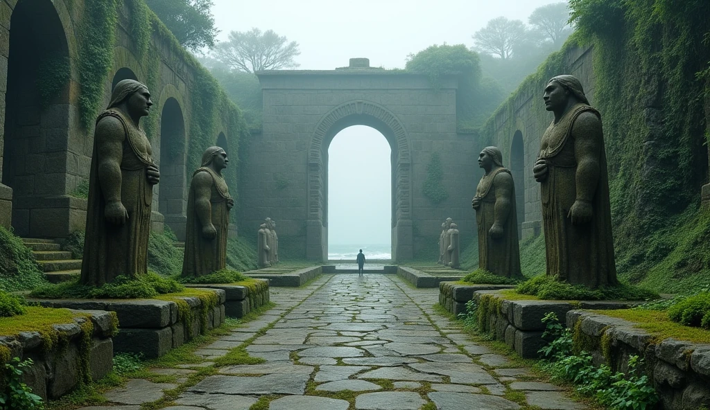 A ruin of ancient enigmatic city near the coast of a mysterious continent, believed to be one of the oldest remnants of human civilization. The city is long abandoned, with towering structures and majestic constructions reduced to ruins. Gigantic buildings, once symbols of human achievement, are entwined with vines and overgrown with foliage. The city's stone pathways are cracked and weathered, with roots weaving through the cobblestones. Despite the ravages of time, remnants of colossal arches and intricate carvings remain, showcasing the city's former magnificence. Moss-covered statues, worn and eroded, stand as silent sentinels, their expressions frozen in time. The city is located near the coast, suggesting it was a vital center for maritime activity. The scene exudes a sense of mystery, with the ruins shrouded in fog and the distant sound of waves crashing against the shore, adding to the haunting atmosphere of this lost city.
