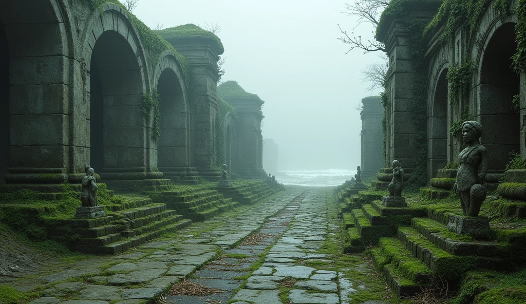 A ruin of ancient enigmatic city near the coast of a mysterious continent, believed to be one of the oldest remnants of human civilization. The city is long abandoned, with towering structures and majestic constructions reduced to ruins. Gigantic buildings, once symbols of human achievement, are entwined with vines and overgrown with foliage. The city's stone pathways are cracked and weathered, with roots weaving through the cobblestones. Despite the ravages of time, remnants of colossal arches and intricate carvings remain, showcasing the city's former magnificence. Moss-covered statues, worn and eroded, stand as silent sentinels, their expressions frozen in time. The city is located near the coast, suggesting it was a vital center for maritime activity. The scene exudes a sense of mystery, with the ruins shrouded in fog and the distant sound of waves crashing against the shore, adding to the haunting atmosphere of this lost city.