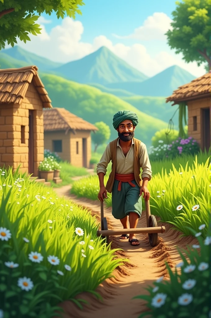 A picturesque small village with simple mud houses and a surrounding landscape of green fields and trees. A hardworking farmer is seen plowing his small field under a bright, sunny sky. The farmer looks content, wearing traditional rural clothing, with a turban and a simple plow.