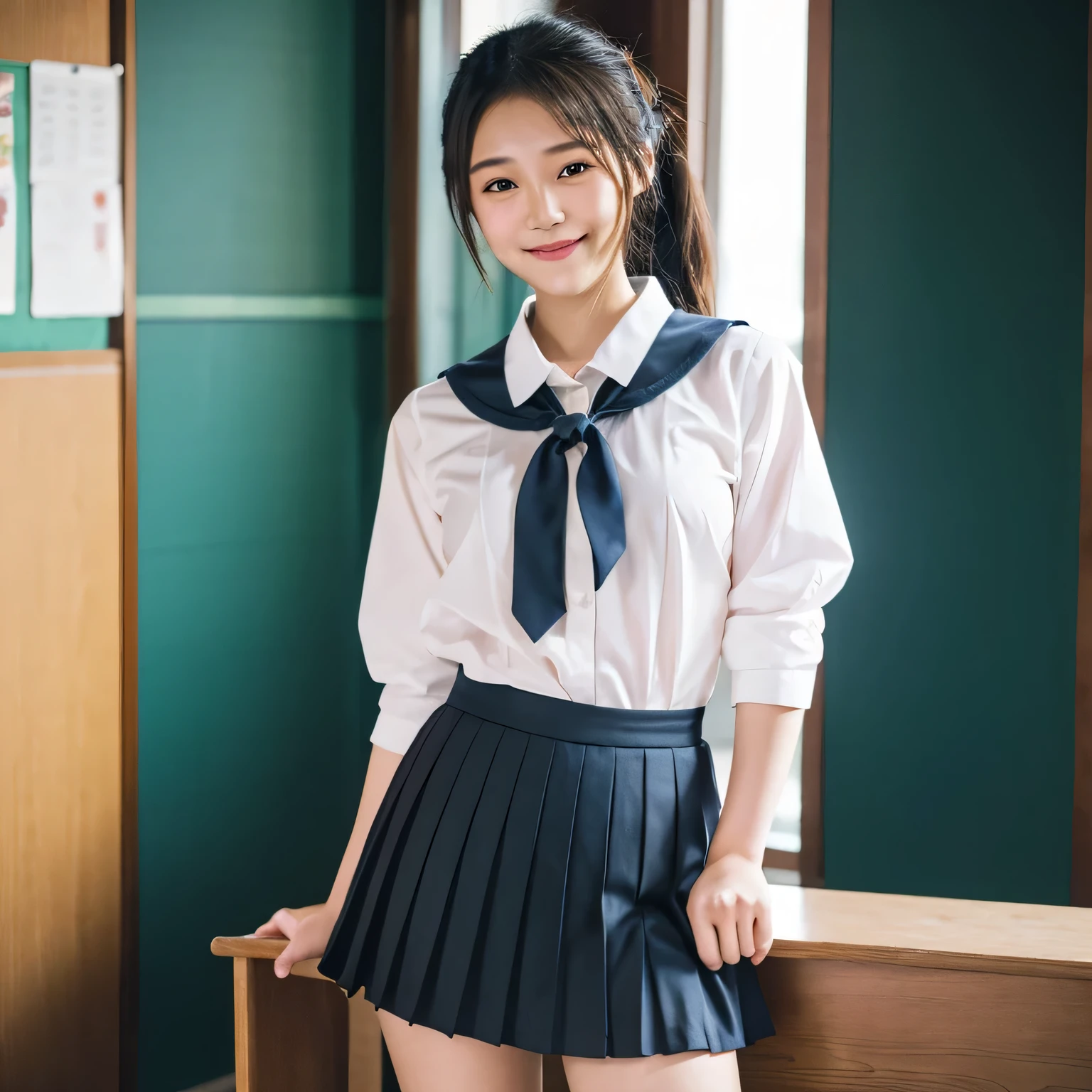 Create a hyper-realistic, ultra-high-resolution portrait of a young Japanese girl standing alone in a classroom. The image should focus on her face with a soft light that highlights the fine details, particularly the sparkling light in her eyes. She has a beautiful face with realistic human skin textures, captured in a RAW photo style. She is wearing a traditional Japanese high school uniform, which includes a sailor-style blouse and pleated skirt. Her hair is tied in a ponytail, and she is holding a small box while smiling warmly. The image should be full-body, showing her standing straight. The overall atmosphere should feel natural and authentic, emphasizing the high level of detail in her facial features, the texture of her skin, and the precise design of her school uniform.