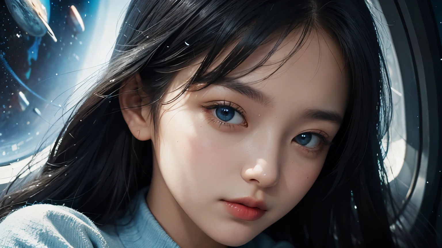 Upper body close-up image. A beautiful woman. Black hair. She looks over her shoulder and looks at the camera. She is wearing light blue clothes. Image of outer space in the space behind the woman. An image in a dream.