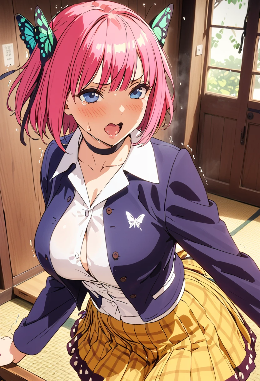 (Highest quality, 4K, 8k, High resolution, masterpiece:1.2), Very detailed, Picturesque, Animated Photography, Photo Animation:1.37)、Japanese schoolgirl、(Pink Hair)、(short hair)、(Butterfly hair)、uniform、White shirt、Yellow-green checkered skirt、Navy blue jacket、Black choker、storehouse、Ecstasy face、Sweat、Are crying、vapor、trembling、Nakano Nino
