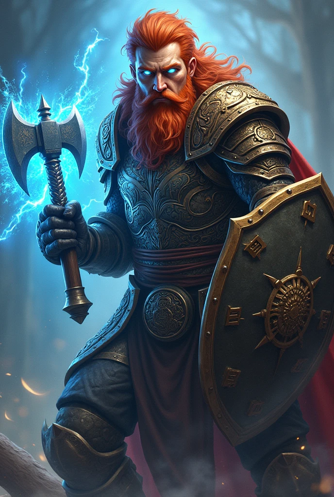RPG Character Drawing, Arcane warrior man with chainmail red hair and beard , blue eyes due to magic , using the shield and creating a magical film defending an axe attack