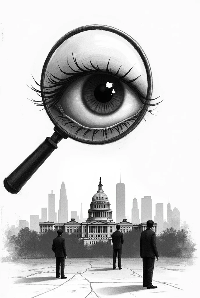 imagery of an eye or a magnifying glass over government buildings or powerful figures. make it a simple drawing/sketch. black and white