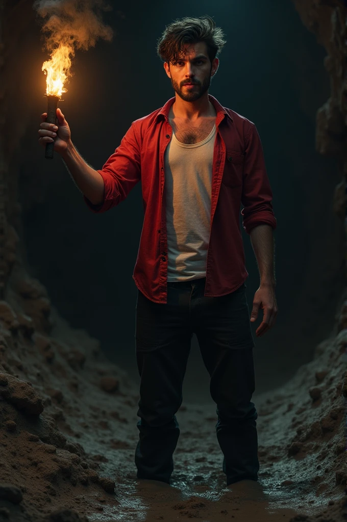 A 20 year old man is standing in a mud hole (no underground light) He has a light beard and mustache (black in color) on his face He has a torch in his right hand He wears a red full sleeved shirt and a black full pant shirt unbuttoned White inside Color t-shirt