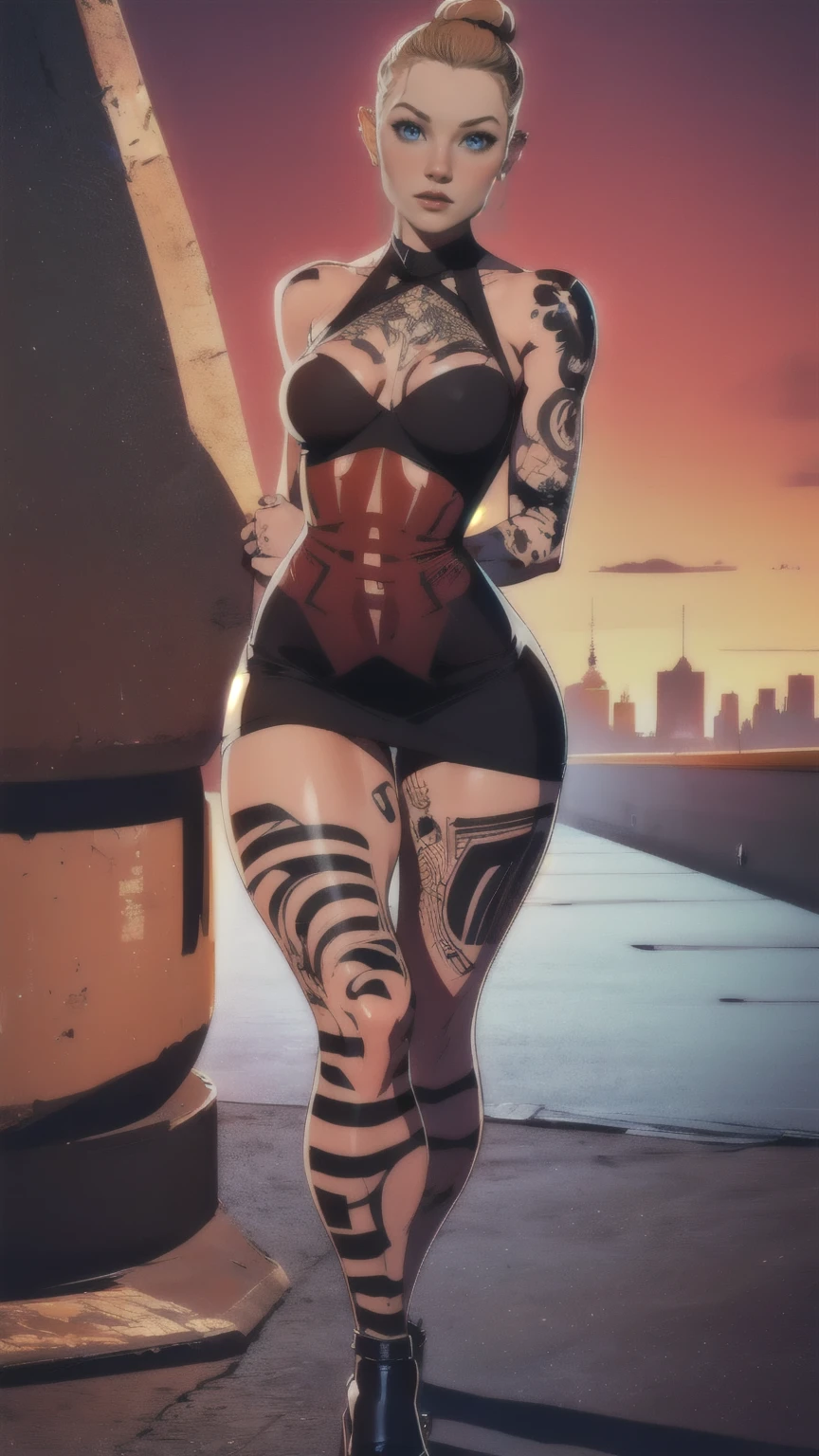 (full length, whole body portrait), (wide angle:1.27), a woman in her late 30s, various modeling poses, slim build, soft body, (very low set breasts:1.4), (small_and_perky_bust:1.4), (thigh gap:1.27), bodycon dress (red:1.4), strappy_high_heeled_shoes,honey blonde hair in a messy bun, 8k,masterpiece,intricate details,vivid colors,extremely detailed tattoos,detailed face and body, perfect posing,detailed hands, best hands, human anatomy, perfect anatomy, flawless skin, NYC at dawn, jack, no bra