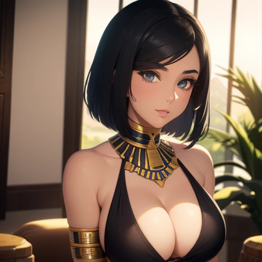 Egyptian girl, black sideboob hair, short hair, dark-blue eyes, tanned skin, curvy body, Egyptian scenery, Egyptian clothes, beautiful detailed eyes, beautiful detailed lips, extremely detailed face and eyes, long eyelashes, high quality, 8k, realistic, photorealistic, masterpiece, ultra-detailed, physically-based rendering, professional, vivid colors, warm lighting, soft focus