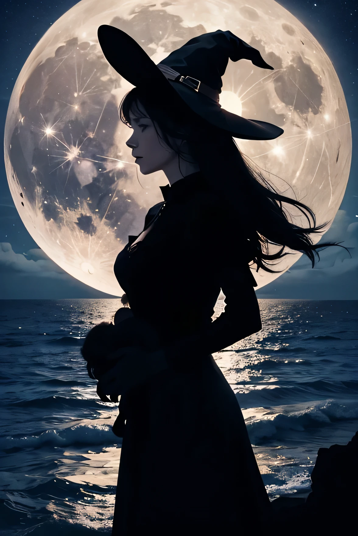 Silhouette of a female witch carrying two twins, background of witch castle on cliff in the middle of ocean, full moon and night with stars